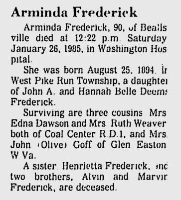 Arminda Frederick obit